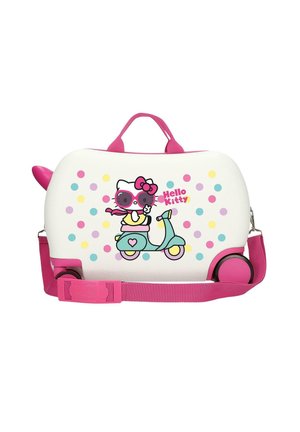Maleta blanca y rosa para niños con Hello Kitty usando gafas de sol y montando un scooter verde azulado, decorada con lunares de colores y con correa para llevar.