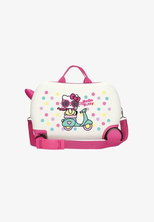 Maleta blanca y rosa para niños con Hello Kitty usando gafas de sol y montando un scooter verde azulado, decorada con lunares de colores y con correa para llevar.