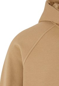 Beige hettegenser med en glatt, myk tekstur, med høy hals og raglanermdesign. Synlige sømmer på skuldrene.