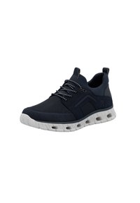 Scarpa da ginnastica blu navy con parte superiore in mesh e suede, lacci elastici e suola bianca imbottita con fori per la ventilazione.