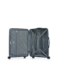 Blue hardshell suitcase with four wheels, interior mesh pocket, and adjustable straps, featuring a gray striped lining and smooth texture.