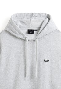 Pullover hoodie i lys grå bomuldsblanding med en hætte med snore, ribbede ærmer og et lille sort "VANS" logo på brystet.
