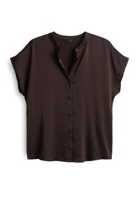 Bruine short-sleeve overhemd met knopen, gemaakt van gladde stof met een V-hals en een relaxte pasvorm; heeft een eenvoudig ontwerp zonder patronen.