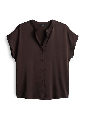 Bruine short-sleeve overhemd met knopen, gemaakt van gladde stof met een V-hals en een relaxte pasvorm; heeft een eenvoudig ontwerp zonder patronen.