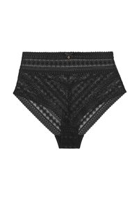 Culotte taille haute en dentelle noire avec des motifs géométriques, des bandes texturées, des bords festonnés et un petit nœud décoratif à la taille.