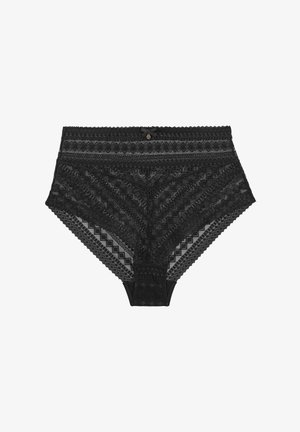 Culotte taille haute en dentelle noire avec des motifs géométriques, des bandes texturées, des bords festonnés et un petit nœud décoratif à la taille.