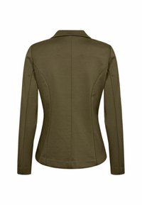 Olivově zelený fitted blazer s dlouhými rukávy, klopovým límcem a strukturovanými švy na zadní straně. Hladká textilie.