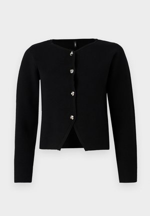Black long-sleeve cardigan with five silver twisted metal buttons and a slight front slit at the hem.