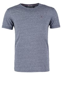 Mörkblå herr T-shirt med kort ärm och en melerad textur samt en liten logo på bröstet. Rund halsdesign. Blandning av bomull.