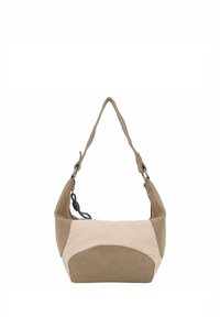 Borsa in suede color nocciola e beige, dalla forma arrotondata, con una tracolla singola, pannelli testurizzati a contrasto e accenti in metallo.