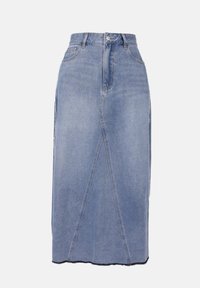 Denim midi-hame vaaleansinisessä värissä, jossa on korkea vyötärö, etusaumat ja epätasainen helma raidoilla, mikä luo tekstuuria.