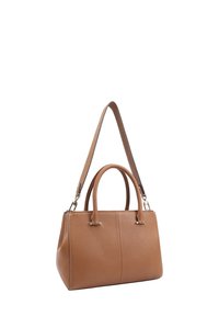 Leren handtas in bruin met twee bovenhandvaten en een afneembare schouderband, met een rechthoekige vorm en een subtiele textuur.