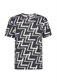 Svart kortärmad t-shirt med ett geometriskt vitt zigzag-mönster. Tillverkad av slät tyg med rund hals och avslappnad passform.