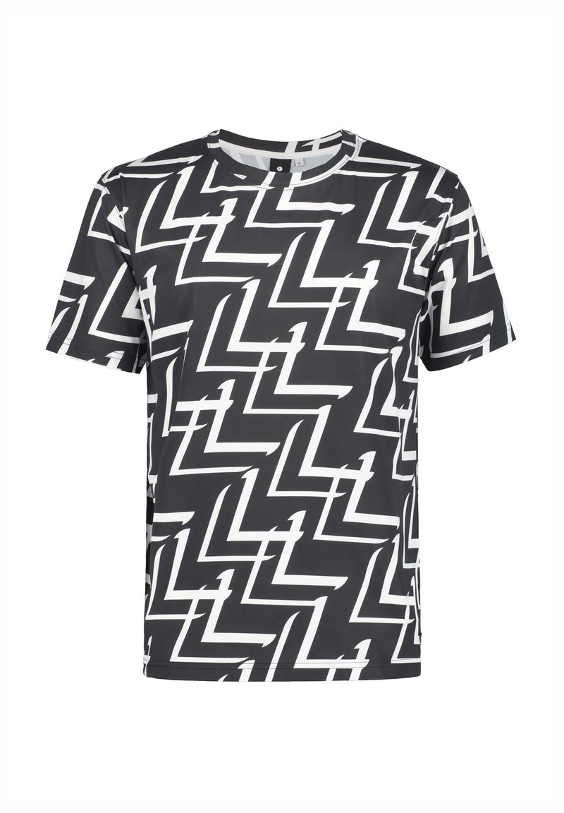 Svart kortärmad t-shirt med ett geometriskt vitt zigzag-mönster. Tillverkad av slät tyg med rund hals och avslappnad passform.