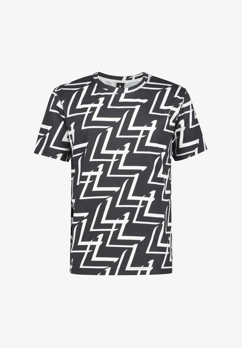 Zwarte t-shirt met korte mouwen, voorzien van een geometrisch wit zigzagpatroon. Gemaakt van een gladde stof met een ronde hals en een relaxte pasvorm.