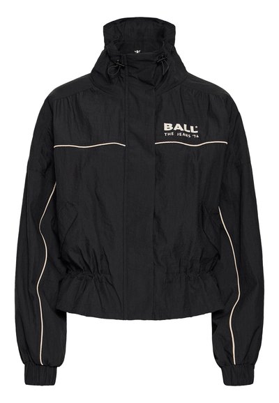 Crna kapuljača jakna s labavim krojem, elastičnom trakom u struku i rukavima, s kontrastnim bijelim obrubom i logotipom "BALL THE JEANS '74" na prsima.