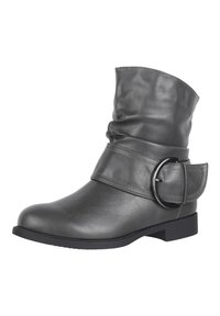 Botte en cuir synthétique gris avec un revers replié, une large sangle et un détail de boucle métallique. Semelle en caoutchouc plate et design à bout rond.