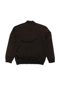 Schwarze Bomberjacke mit gerippten Bündchen und Saum. Verfügt über eine Reißverschlusstasche am linken Ärmel und einem glatten, strukturierten Stoff.