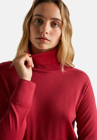 Maglione rosso a collo alto realizzato in tessuto a maglia liscia, con maniche lunghe, una vestibilità morbida e un sottile dettaglio a coste sul colletto.