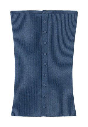 Jupe en tissu côtelé bleu avec une rangée verticale centrale de neuf boutons assortis de haut en bas.