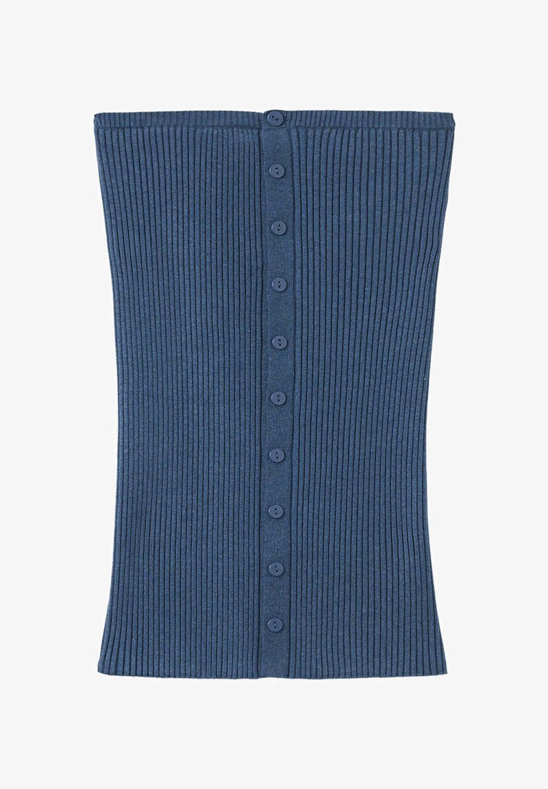 Jupe en tissu côtelé bleu avec une rangée verticale centrale de neuf boutons assortis de haut en bas.