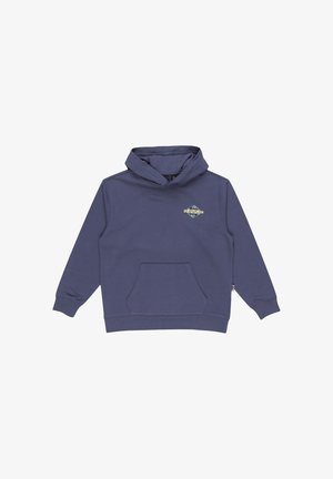 Sweat à capuche bleu marine avec poche kangourou à l'avant et petit logo Quiksilver sur le côté gauche de la poitrine.