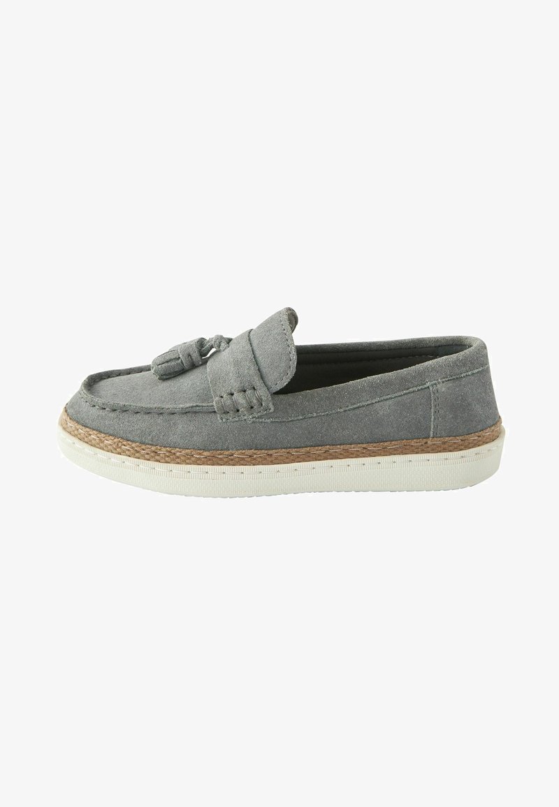 Gray suede slip-on shoe with a round toe, decorative knot detail, and an espadrille-style woven midsole. Rubber outsole and textured lining.