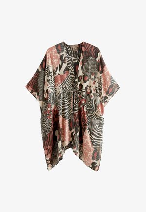 Lichte kimono met een mix van dieren- en abstracte patronen in zwart, roze, crème en roest. Heeft een losse pasvorm en een strik in de taille.