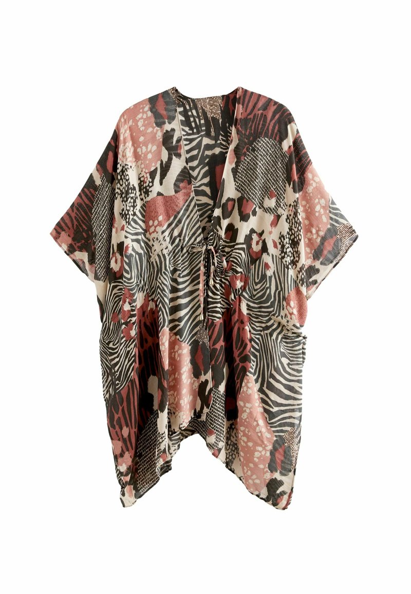 Kerge kimono, millel on mustade, roosa, kreemi ja rusti värvide segu loomade ja abstraktsete mustritega. Omab laiust ja vöökoht on seotud sidumisega.