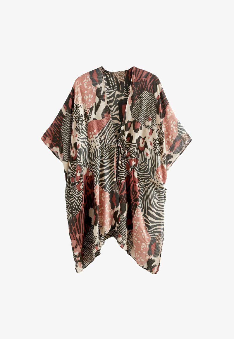 Kerge kimono, millel on mustade, roosa, kreemi ja rusti värvide segu loomade ja abstraktsete mustritega. Omab laiust ja vöökoht on seotud sidumisega.