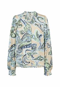 Bluză cu mâneci lungi dintr-un material ușor, cu un fundal bej și un model paisley verde și albastru, guler moale și manșete cu volane.
