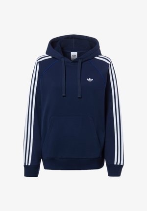 Marineblaue Kapuzenjacke mit weißem Adidas-Logo auf der Brust, weißem Drei-Streifen-Design an den Ärmeln, Kapuze mit Kordelzug und Kängurutasche vorne.