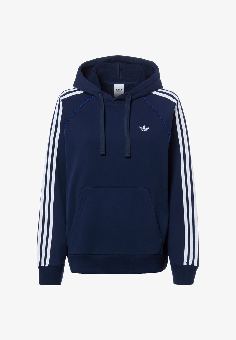 Sweat à capuche bleu marine avec logo Adidas blanc sur la poitrine, motif trois bandes blanches sur les manches, capuche avec cordon de serrage et poche kangourou à l'avant.