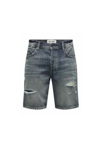 Denim šorti izbalinātā zilā tonī ar nolietojuma detaļām. Satur klasisku piecu kabatu dizainu un pogu aizdari jostas vietā.