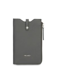 Gray leather wallet with a smooth texture, rounded top edges, a snap closure, and a silver zipper detail. Features logo at the bottom.