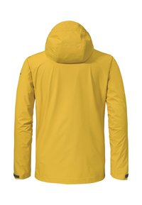 Gelbe wasserdichte Jacke mit Kapuze, langen Ärmeln und verstellbaren Bündchen. Glatte Textur, minimales Design und keine sichtbaren Muster oder Beschläge.