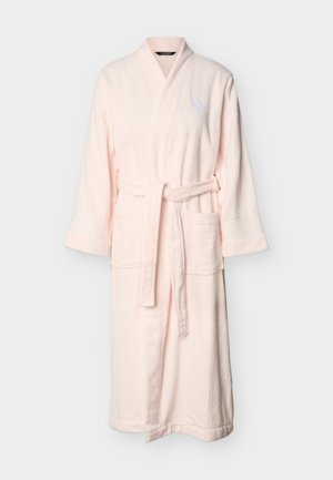 Pehme roosa froteeriidest hommikumantel šaali krae, vöö ja kahe ees oleva taskuga ning tikitud "RL" logoga rinnal.