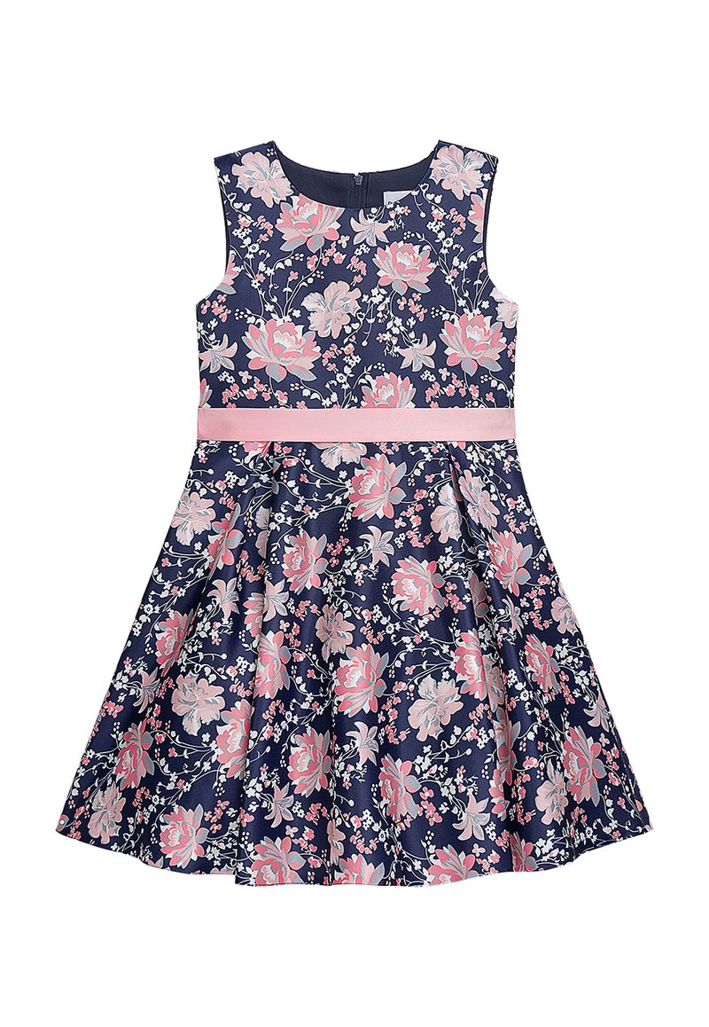 Blumenkleid mit marineblauem Grundton und pinken sowie weißen Blumen, ärmelloses Design und einem pinken Taillenband. Rock mit Falten.