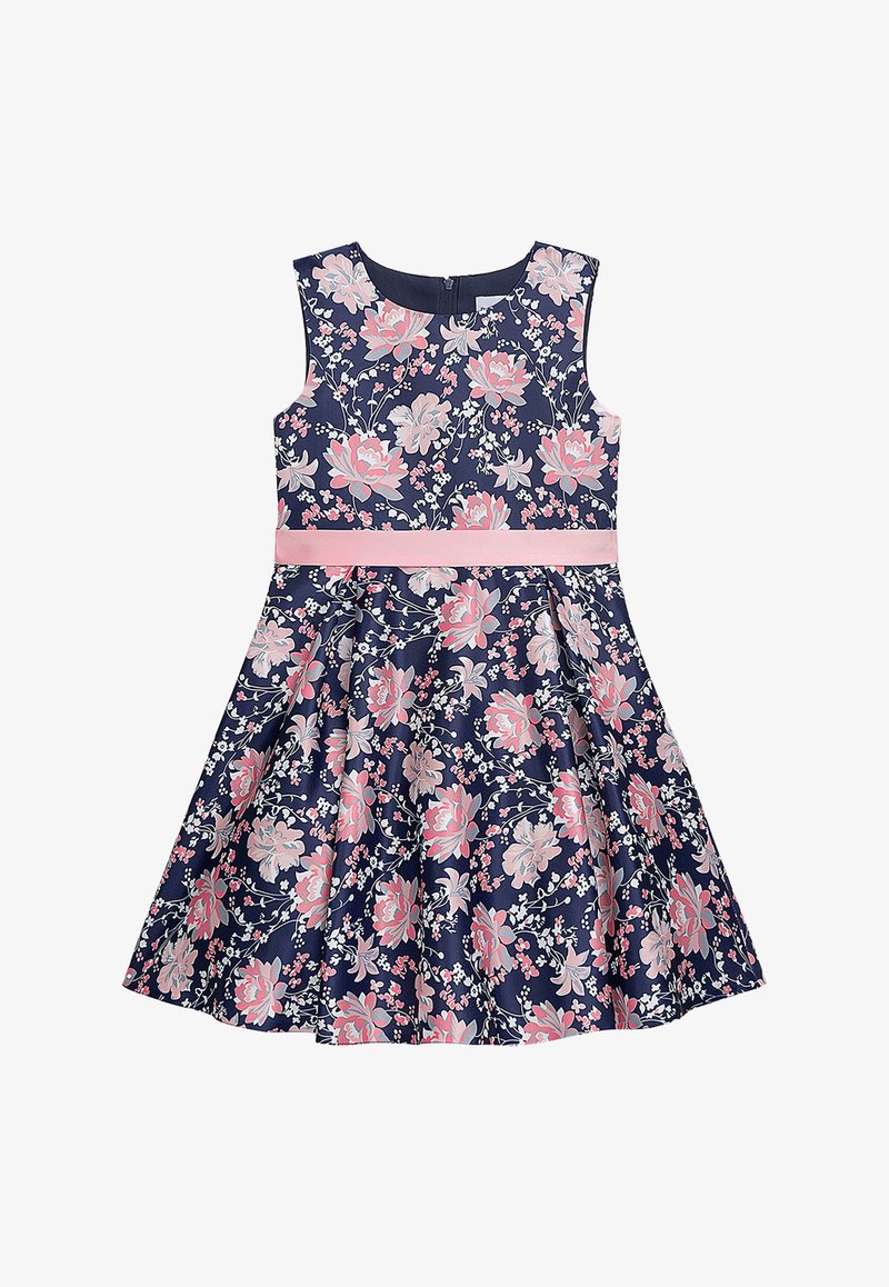 Blumenkleid mit marineblauem Grundton und pinken sowie weißen Blumen, ärmelloses Design und einem pinken Taillenband. Rock mit Falten.