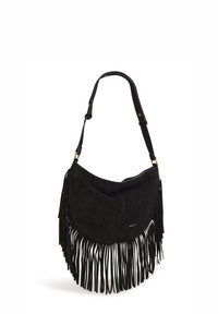 Black suede handbag with a curved shape, featuring long fringes at the bottom and a single adjustable strap. Gold hardware accents present.