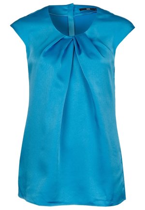 Felblauwe mouwloze blouse met geplooide plooien onder de ronde halslijn, gladde textuur en een lichte glans.