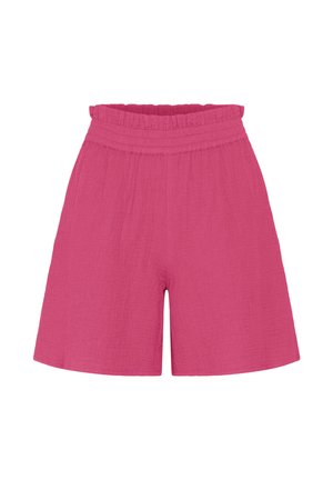 Shorts roses texturés taille haute avec une ceinture élastique et une coupe ample à jambes larges.