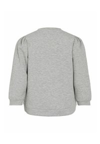 Grauer Pullover mit langen Puffärmeln, rundem Halsausschnitt und einer weichen Textur. Hat eine einfarbige Gestaltung ohne sichtbare Muster oder Akzente.