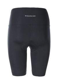 Svarta cykelbyxor i stretchmaterial, med vadderad sits, elastisk midja och sydda sömmar för hållbarhet.