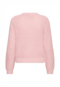Pull en tricot rose clair avec des manches longues et des poignets, un ourlet et un col côtelés, vu de dos.