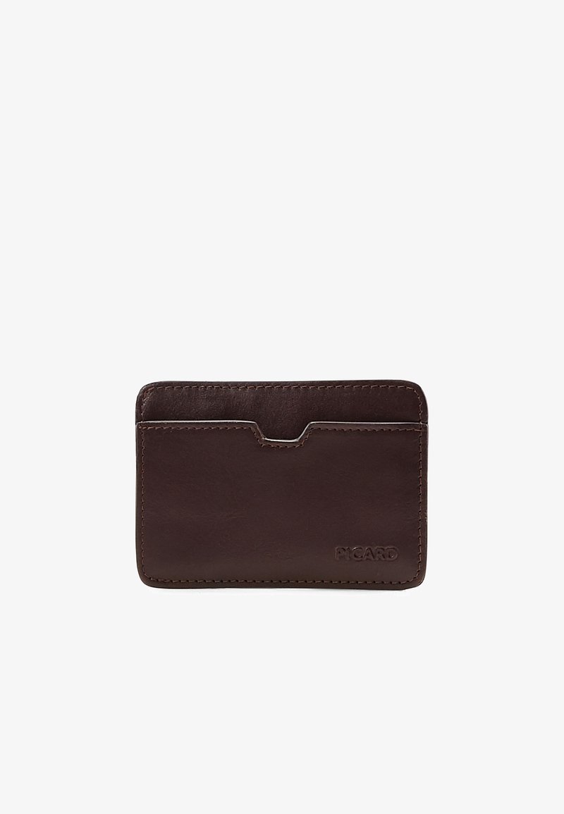 Dark brown leather cardholder with a front pocket and visible stitching, embossed with "PICARD" logo in the lower right corner.