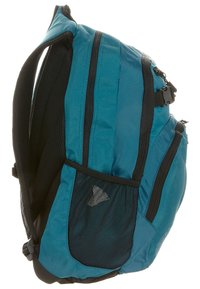 Sac à dos bleu avec plusieurs compartiments zippés, poche latérale en maille noire, bretelles rembourrées et boucles réglables.