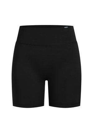 Schwarze Kompressionsshorts mit hohem Bund, glatter Textur und Länge bis über das Knie. Idealer für sportliche oder legere Kleidung.