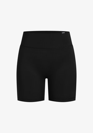 Sorte kompressionsshorts med høj talje, glat tekstur og længde over knæet. Ideel til sportslige aktiviteter eller casual brug.