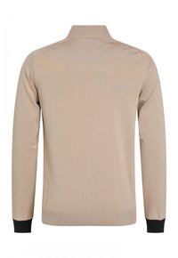 Pull beige en tissu léger tricoté avec un col haut. Comprend des poignets et un ourlet côtelés en noir contrastant. Vue de dos affichée.